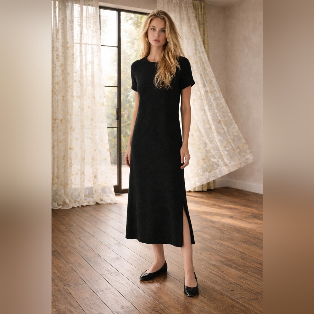 EILEEN FISHER Italian Yarn Wool Midi Column Dress — S/P — Black